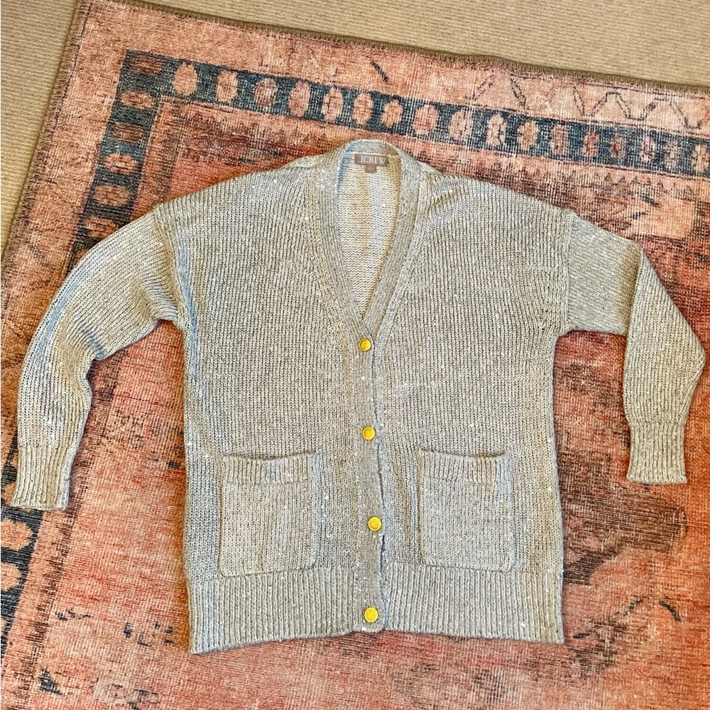J. Crew Gray Sequin Cardigan with Gold Buttons